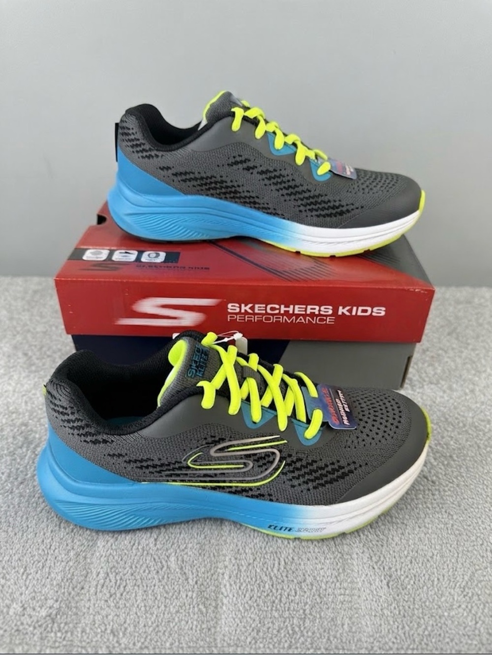 Skechers Kids Gray, Blue & Neon Yellow Athletic Sneakers